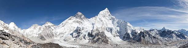 panoramic view of Mount Everest with beautiful sky panoramic view of Mount Everest with beautiful sky and Khumbu Glacier - way to Everest base camp, Khumbu valley, Sagarmatha national park, Nepal base camp photos stock pictures, royalty-free photos & images