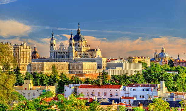 View of the Almudena Cathedral in Madrid, Spain Santa Maria la Real de La Almudena, the Catholic cathedral in Madrid - Spain madrid city view stock pictures, royalty-free photos & images