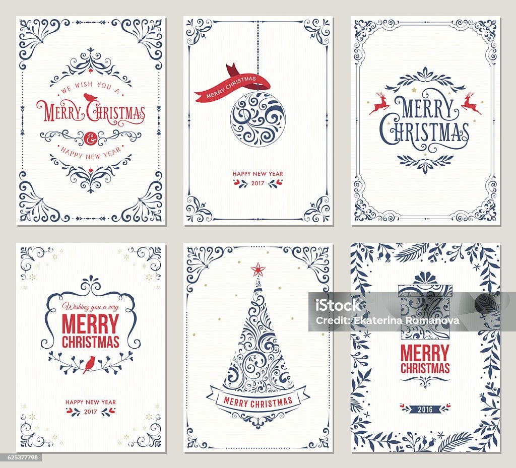 Ornate Christmas Greeting Cards Ornate vertical winter holidays greeting cards with New Year tree, gift box, Christmas ornaments and typographic design. Vector illustration. Christmas stock vector