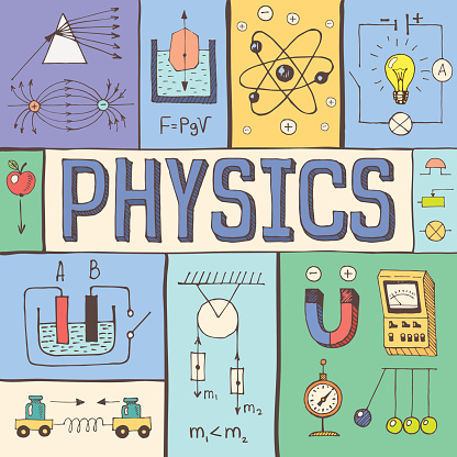 Physics hand drawn colorful vector illustration with doodle physical formulas, schemes and objects, isolated on background.