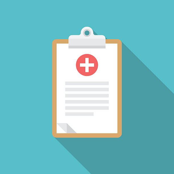 Medical clipboard icon with long shadow. Medical clipboard icon with long shadow. Flat design style. Clipboard silhouette. Simple icon. Modern flat icon in stylish colors. Web site page and mobile app design element. medical clipboard stock illustrations