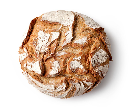 freshly baked bread isolated on white background, top view