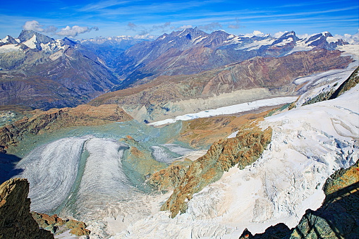 Glacier above Zermatt alpine valley swiss village panorama, Swiss Alps, Switzerland