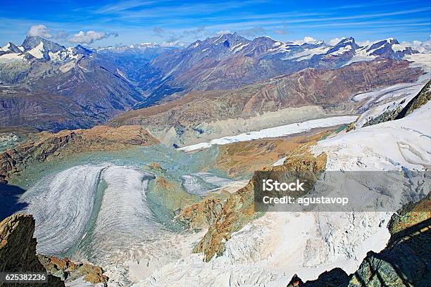 Glacier Above Zermatt Alpine Valley Swiss Village Panorama Swiss Alps Switzerland Stock Photo - Download Image Now
