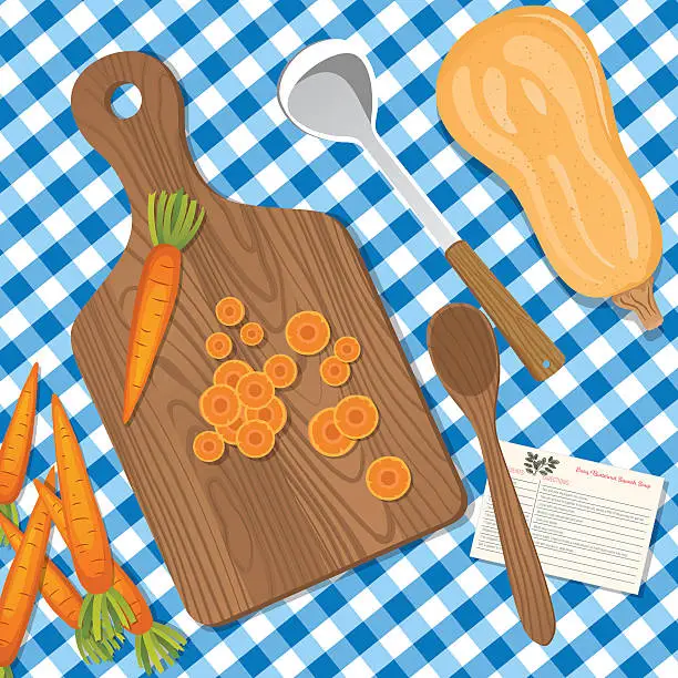 Vector illustration of Food Cooking Flat Lay With Butternut Squash Soup