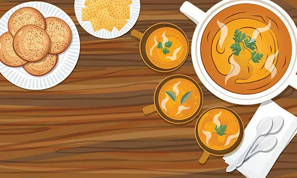 Vector illustration of Food Cooking Flat Lay With Butternut Squash Soup