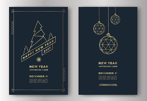 New Year greeting card New Year greeting card design with stylized christmas ball and christmas tree. Vector illustration new years eve party stock illustrations