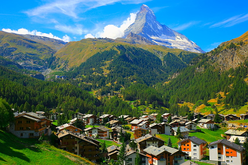 Matterhorn Above Zermatt alpine village swiss chalets panorama, Swiss Alps