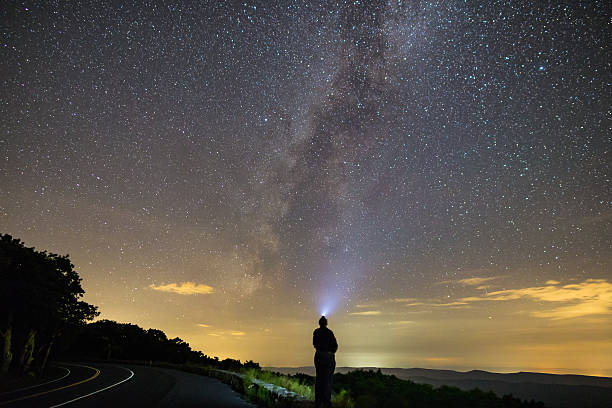 Galactic Selfie A person gazes up at the Milky Way in Shenandoah National Park shenandoah national park stock pictures, royalty-free photos & images