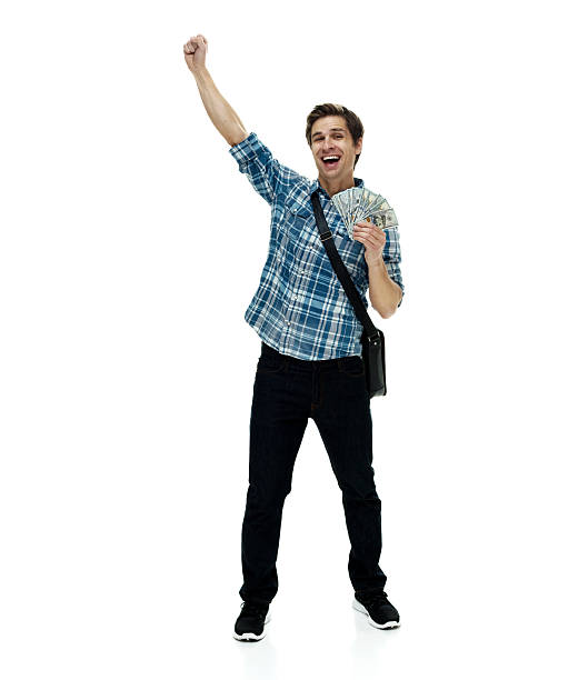 istock Cheerful man cheering with money 625385468