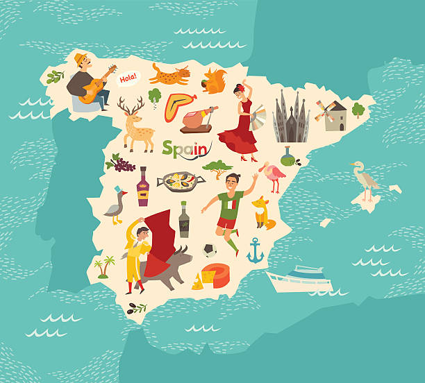 вектор карты испании. иллюстрированная карта для детей. - infographic part of symbol cocktail stock illustrations