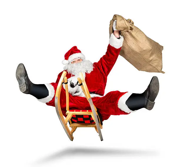 crazy santa claus on his sleigh hilarious fast funny crazy xmas christmas gift present delivery isolated white background