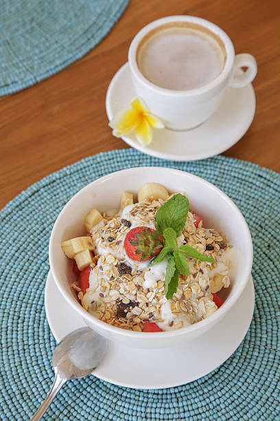 istock Healthy breakfast - cereal bowl with fruits 625388208