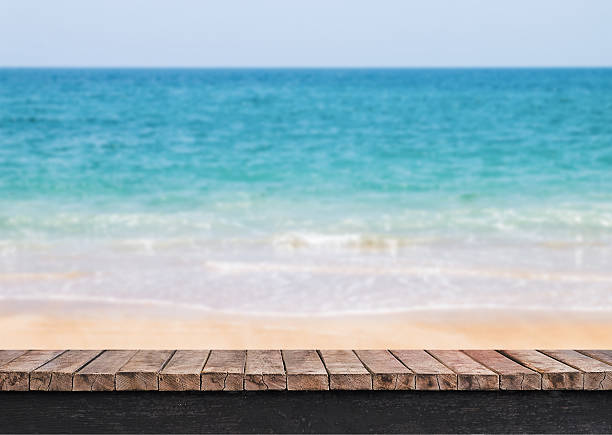 istock Clear Table on view of sea background 625389534