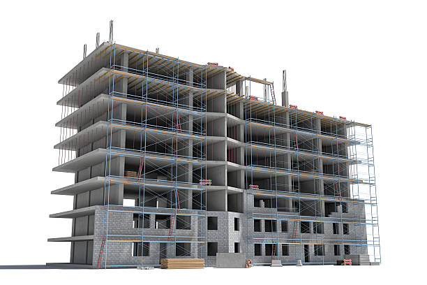 istock Rendering of building under construction with scaffolding and different equipment. 625391426