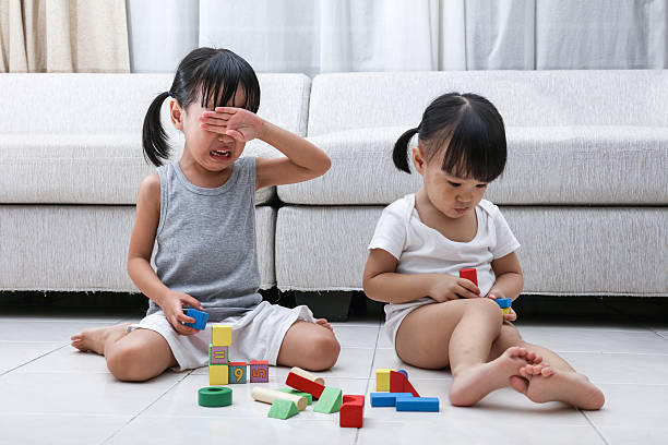 Asian Chinese little sisters struggle for blocks Asian Chinese little sisters struggle for blocks on the floor in the living room at home. sibling relatonship  in kids stock pictures, royalty-free photos & images