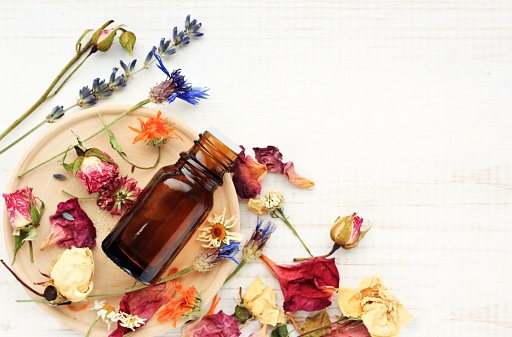 Herbal pharmacy.Botanical cosmetic ingredients, aromatherapy background.