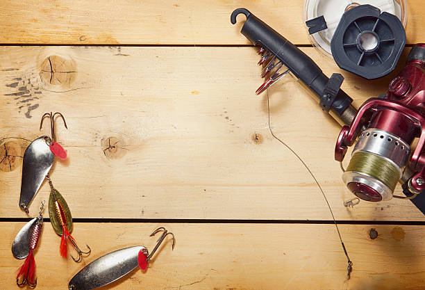 istock Composition about fishing with various metal baits on the boards 625397584