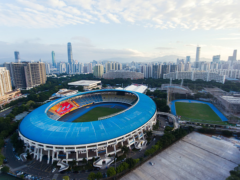 Shenzhen. China - November 20, 2016: Shenzhen stadium and financial district skyline. aerial drone photo