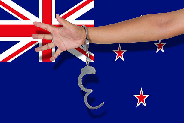 istock handcuffs with hand on New Zealand flag 625412122