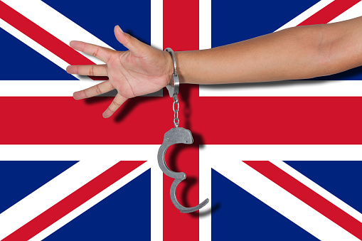 handcuffs with hand on United kingdom flag