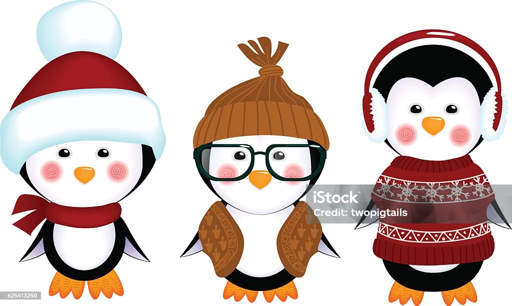 cute penguins baby clothes vector illustration of a cute little penguins in clothes kids isolated on white background decorations for children holiday invitations cards christmas xmas Animal stock vector