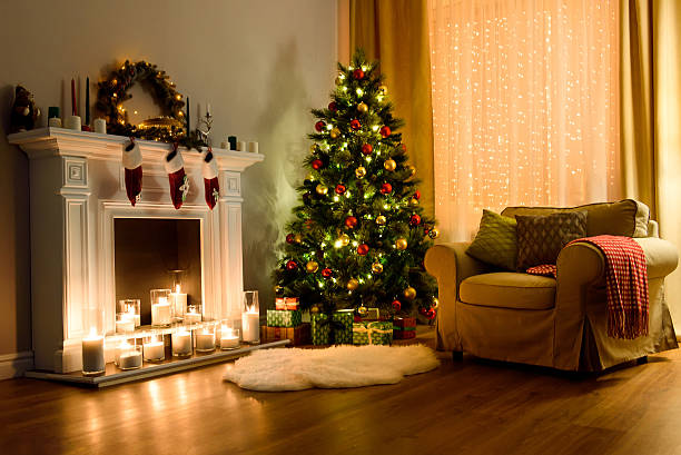 크리스마스 룸 인테리어 디자인 - christmas tree christmas fireplace christmas lights 뉴스 사진 이미지