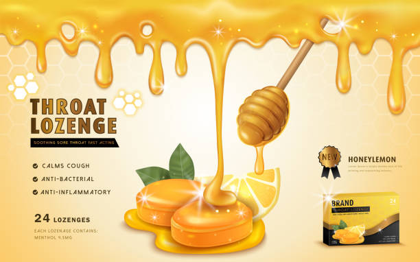 Honey lemon throat lozenge Honey lemon throat lozenge, ads template and package design for sore throat. Honey dripping from top. 3D illustration. cough lozenge stock illustrations