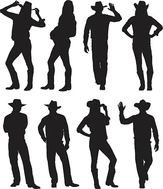 Vector illustration of Cowboy and cowgirl in various actions