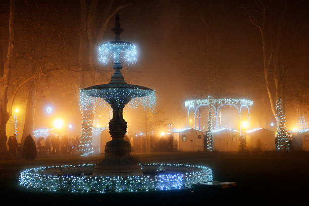 istock Christmas decorated fountain 625432860