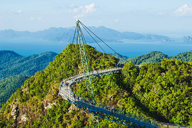 숨막히는 공중 전망 스카이 브리지, 상징 랑카위, 말레이시아.  현대 기술. - tropical rainforest elevated walkway pulau langkawi malaysia 뉴스 사진 이미지