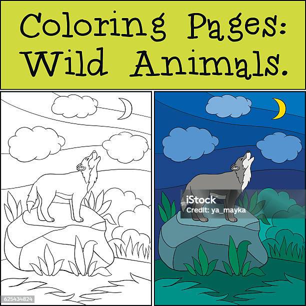 Coloring Pages Wild Animals Beautiful Wolf Howling At The Moon Stock Illustration - Download Image Now
