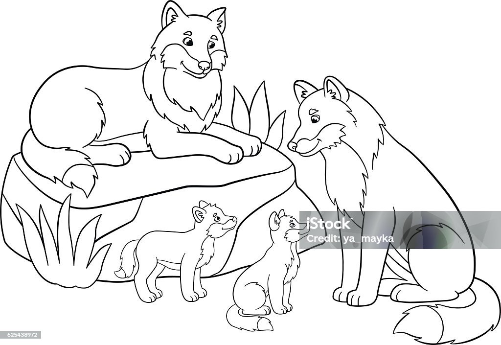 Coloring pages. Mother and father wolves with their babies. Coloring pages. Mother and father wolves with little cute their babies. Activity stock vector
