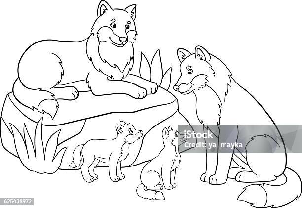 Coloring Pages Mother And Father Wolves With Their Babies Stock Illustration - Download Image Now