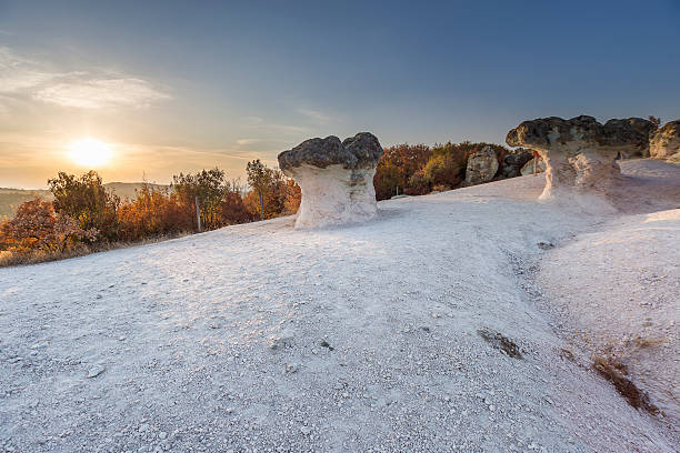 Mushroom rock phenomenon at sunset stock photo