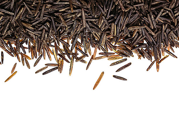 Black rice close-up border on white background. Border of black rice close-up  on white background. Isolated. Decorative frame of wild brown unpolished rice. genmai stock pictures, royalty-free photos & images