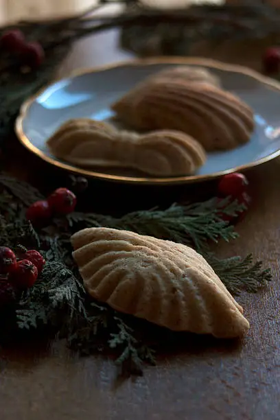 Gingerbread on a plate with red berries and fir-branches.