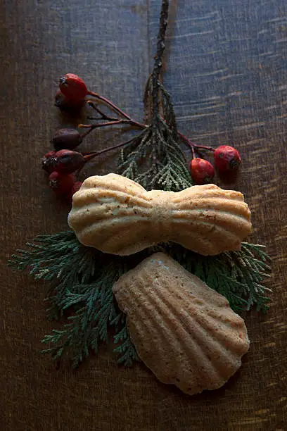 Gingerbread with red berries and fir-branches.
