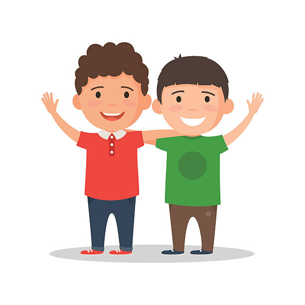 Two boys smile and hug Two boys smiling, hugging and waving their hands. Happy kids best friends. Vector illustration in cartoon style isolated on white background brother stock illustrations