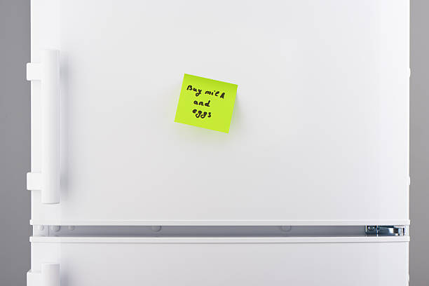 istock Buy milk and eggs note on green paper on refrigerator 625467352