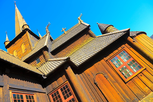 Lom Stave Church: Norwegian dragon heads Stavkirke - Oppland, Norway, Scandinavia