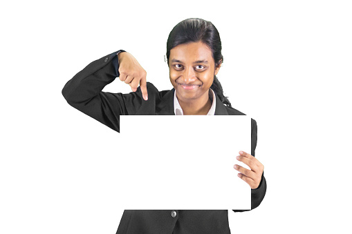Portrait of lady holding a blank board and peeping out, isolated on white background