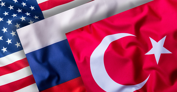 Turkey russia and USA Flags. Collage of world flags.