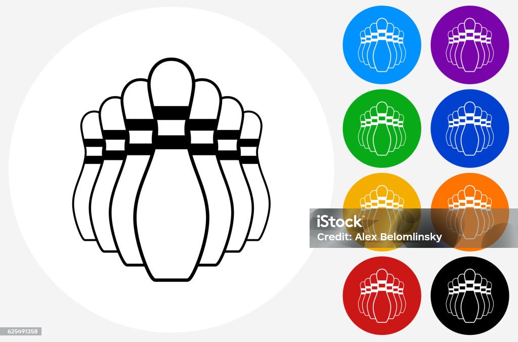 Bowling Pin Icon on Flat Color Circle Buttons Bowling Pin Icon on Flat Color Circle Buttons. This 100% royalty free vector illustration features the main icon pictured in black inside a white circle. The alternative color options in blue, green, yellow, red, purple, indigo, orange and black are on the right of the icon and are arranged in two vertical columns. Blue stock vector