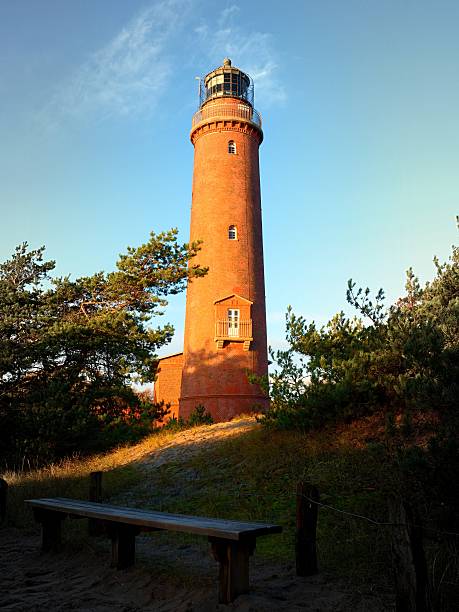 istock Shinning old lighthouse above houses before sunset. Strong warning light 625491828