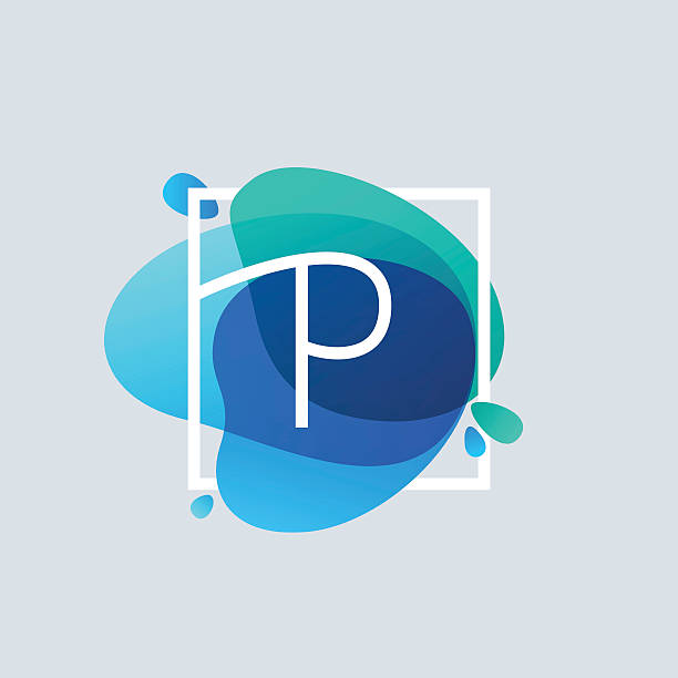 ikona litery p w kwadratowej ramce przy niebieskim rozprysku akwareli - letter p water liquid text stock illustrations
