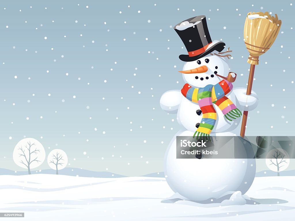 Snowman Standing In A Meadow Vector illustration of a snowman with a colorful scarf, a top hat and a broom standing in a meadow on a snowy winter day.  Snowman stock vector