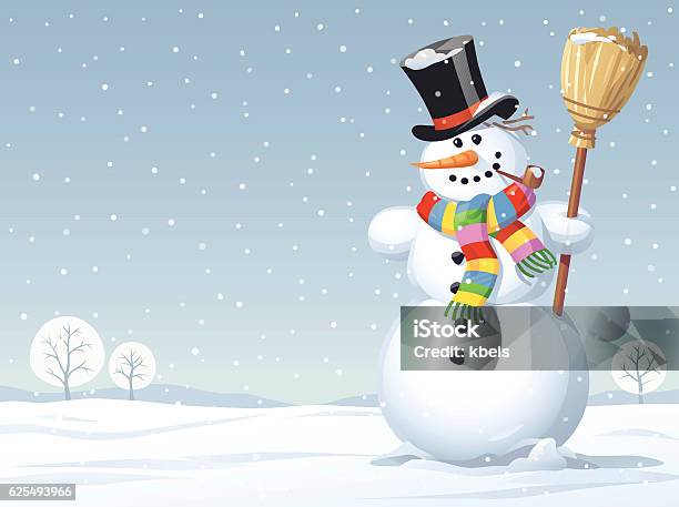 Snowman Standing In A Meadow Stock Illustration - Download Image Now - Snowman, Snow, Scarf