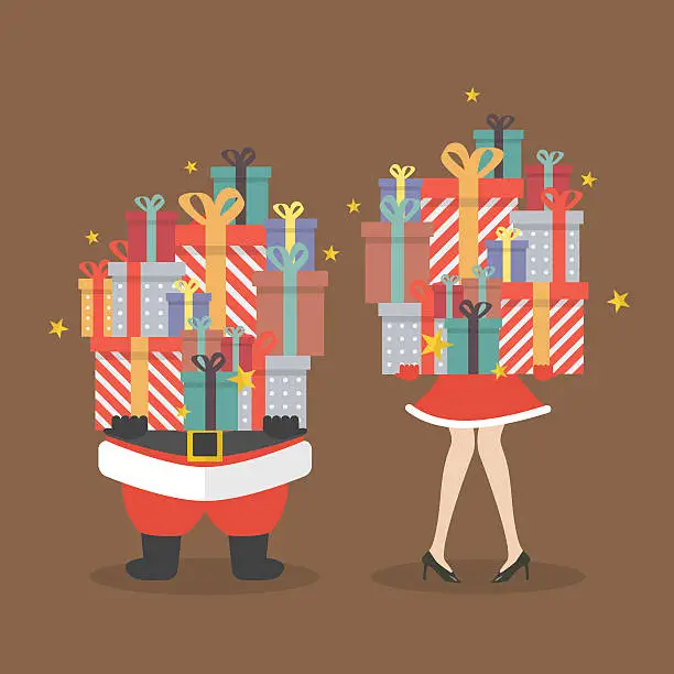 Vector illustration of Santa claus and woman holding a pile of gift boxes