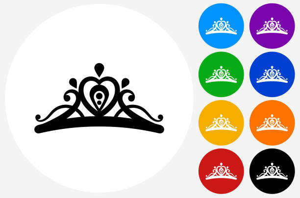 illustrazioni stock, clip art, cartoni animati e icone di tendenza di icona tiara sui pulsanti cerchio a colori piatti - principessa